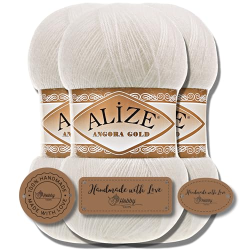 Hobby YARN 3x Etikettenlabel mit Alize Angora Gold Wolle Premium 3x100g als Set, Yarn, Garn, Dünne Mohair aus Schurwolle, Uni, Einfarbig, Strickgarn (450) von Hobby YARN