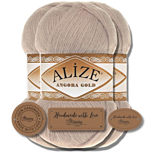 Hobby YARN 3x Etikettenlabel mit Alize Angora Gold Wolle Premium 3x100g als Set, Yarn, Garn, Dünne Mohair aus Schurwolle, Uni, Einfarbig, Strickgarn (506) von Hobby YARN