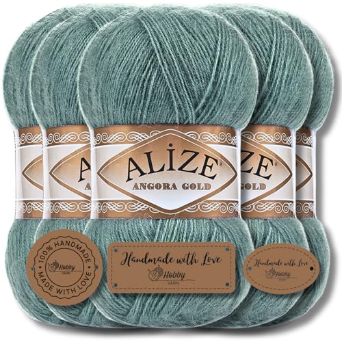 Hobby YARN 3x Etikettenlabel mit Alize Angora Gold Wolle Premium 5x100g als Set, Yarn, Garn, Dünne Mohair aus Schurwolle, Uni, Einfarbig, Strickgarn (Azure - 164) von Hobby YARN