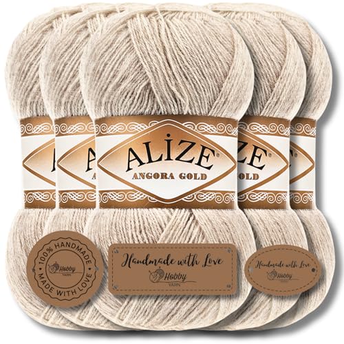 Hobby YARN 3x Etikettenlabel mit Alize Angora Gold Wolle Premium 5x100g als Set, Yarn, Garn, Dünne Mohair aus Schurwolle, Uni, Einfarbig, Strickgarn (Beige Melange - 152) von Hobby YARN