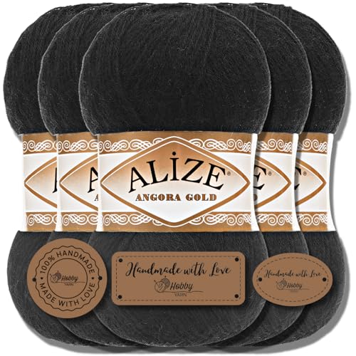 Hobby YARN 3x Etikettenlabel mit Alize Angora Gold Wolle Premium 5x100g als Set, Yarn, Garn, Dünne Mohair aus Schurwolle, Uni, Einfarbig, Strickgarn (Black - 60) von Hobby YARN