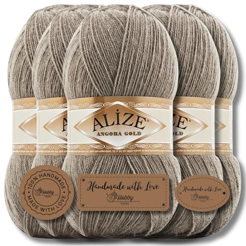 Hobby YARN 3x Etikettenlabel mit Alize Angora Gold Wolle Premium 5x100g als Set | Yarn | Garn | Dünne Mohair aus Schurwolle Uni Einfarbig Strickgarn (Ash Grey | 283) von Hobby YARN