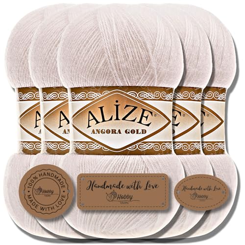 Hobby YARN 3x Etikettenlabel mit Alize Angora Gold Wolle Premium 5x100g als Set | Yarn | Garn | Dünne Mohair aus Schurwolle Uni Einfarbig Strickgarn (Bone | 599) von Hobby YARN
