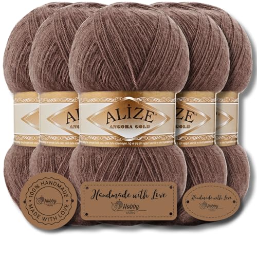 Hobby YARN 3x Etikettenlabel mit Alize Angora Gold Wolle Premium 5x100g als Set | Yarn | Garn | Dünne Mohair aus Schurwolle Uni Einfarbig Strickgarn (Cocoa | 493) von Hobby YARN