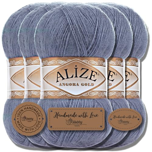 Hobby YARN 3x Etikettenlabel mit Alize Angora Gold Wolle Premium 5x100g als Set | Yarn | Garn | Dünne Mohair aus Schurwolle Uni Einfarbig Strickgarn (Denim Melange | 203) von Hobby YARN