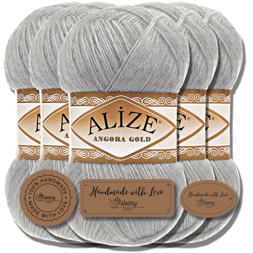 Hobby YARN 3x Etikettenlabel mit Alize Angora Gold Wolle Premium 5x100g als Set | Yarn | Garn | Dünne Mohair aus Schurwolle Uni Einfarbig Strickgarn (Grey | 21) von Hobby YARN