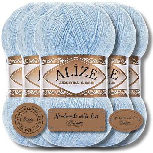 Hobby YARN 3x Etikettenlabel mit Alize Angora Gold Wolle Premium 5x100g als Set | Yarn | Garn | Dünne Mohair aus Schurwolle Uni Einfarbig Strickgarn (Ice Blue | 953) von Hobby YARN