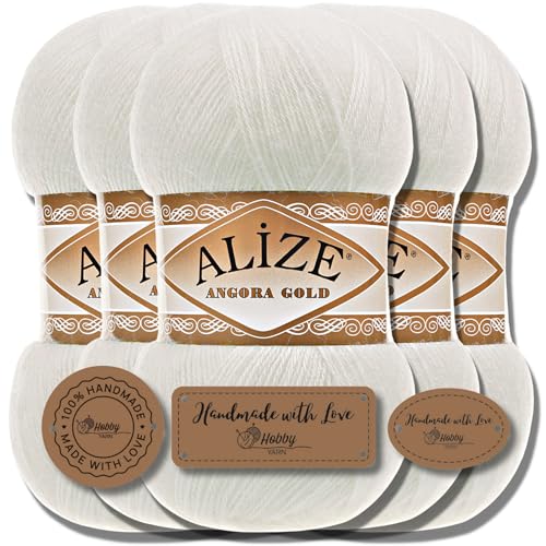 Hobby YARN 3x Etikettenlabel mit Alize Angora Gold Wolle Premium 5x100g als Set | Yarn | Garn | Dünne Mohair aus Schurwolle Uni Einfarbig Strickgarn (Light Cream | 62) von Hobby YARN