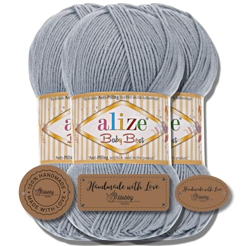 Hobby YARN 3x Etikettenlabel mit Alize Baby Best Wolle Premium 3x100g als Set | Antipilling Babywolle Acryl Uni & Batik Strickgarn zum Häkeln und Stricken (119) von Hobby YARN