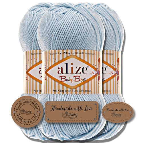 Hobby YARN 3x Etikettenlabel mit Alize Baby Best Wolle Premium 3x100g als Set | Antipilling Babywolle Acryl Uni & Batik Strickgarn zum Häkeln und Stricken (183) von Hobby YARN