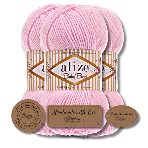Hobby YARN 3x Etikettenlabel mit Alize Baby Best Wolle Premium 3x100g als Set, Antipilling Babywolle Acryl Uni & Batik Strickgarn zum Häkeln und Stricken (185) von Hobby YARN