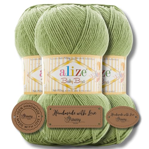 Hobby YARN 3x Etikettenlabel mit Alize Baby Best Wolle Premium 3x100g als Set | Antipilling Babywolle Acryl Uni & Batik Strickgarn zum Häkeln und Stricken (485) von Hobby YARN