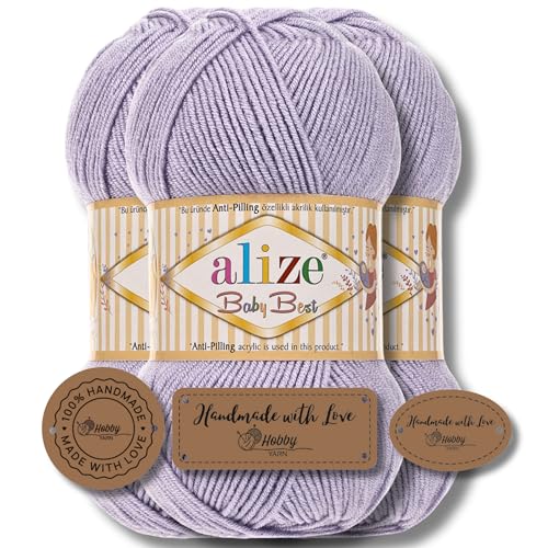 Hobby YARN 3x Etikettenlabel mit Alize Baby Best Wolle Premium 3x100g als Set | Antipilling Babywolle Acryl Uni & Batik Strickgarn zum Häkeln und Stricken (682) von Hobby YARN