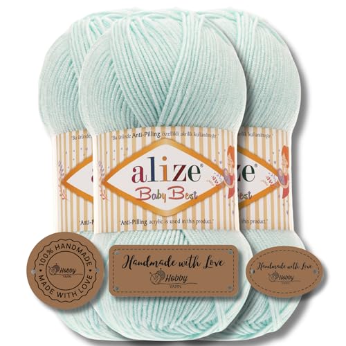 Hobby YARN 3x Etikettenlabel mit Alize Baby Best Wolle Premium 3x100g als Set | Antipilling Babywolle Acryl Uni & Batik Strickgarn zum Häkeln und Stricken (820) von Hobby YARN