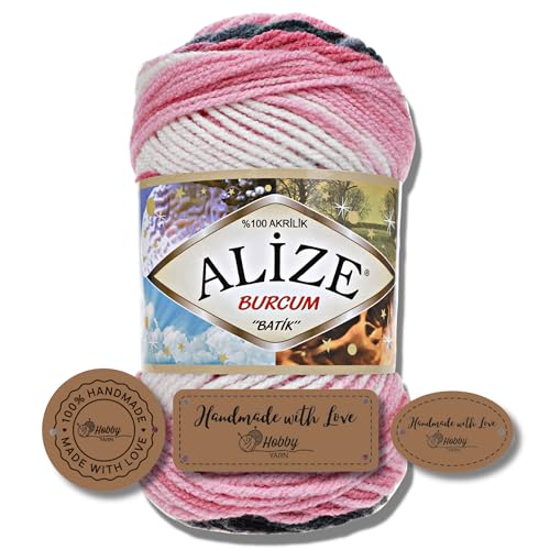 Hobby YARN 3x Etikettenlabel mit Alize Burcum Batik Wolle Premium 1x100g als Set, Yarn, Garn, Strickgarn, Farbverlauf, Babywolle zum Häkeln, Stricken, Kleidung, Schals (1602) von Hobby YARN