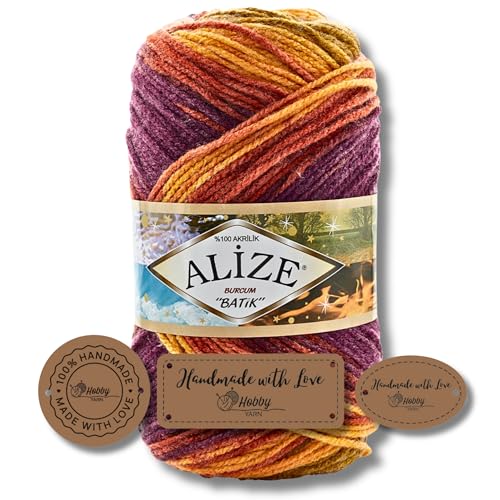 Hobby YARN 3x Etikettenlabel mit Alize Burcum Batik Wolle Premium 1x100g als Set, Yarn, Garn, Strickgarn, Farbverlauf, Babywolle zum Häkeln, Stricken, Kleidung, Schals (8027) von Hobby YARN