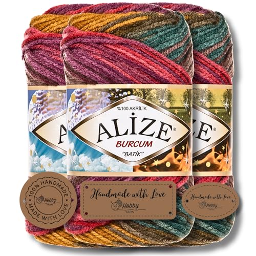 Hobby YARN 3x Etikettenlabel mit Alize Burcum Batik Wolle Premium 3x100g als Set, Yarn, Garn, Strickgarn, Farbverlauf, Babywolle zum Häkeln, Stricken, Kleidung, Schals (3368) von Hobby YARN