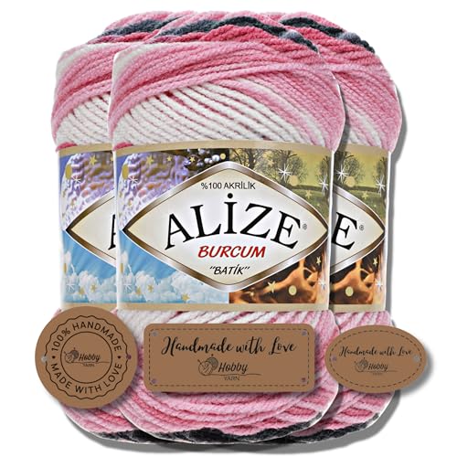 Hobby YARN 3x Etikettenlabel mit Alize Burcum Batik Wolle Premium 3x100g als Set | Yarn | Garn | Strickgarn Farbverlauf Babywolle zum Häkeln Stricken Kleidung Schals (1602) von Hobby YARN