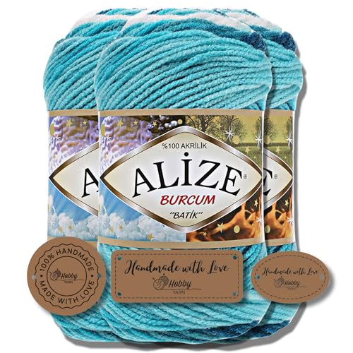 Hobby YARN 3x Etikettenlabel mit Alize Burcum Batik Wolle Premium 3x100g als Set | Yarn | Garn | Strickgarn Farbverlauf Babywolle zum Häkeln Stricken Kleidung Schals (1892) von Hobby YARN