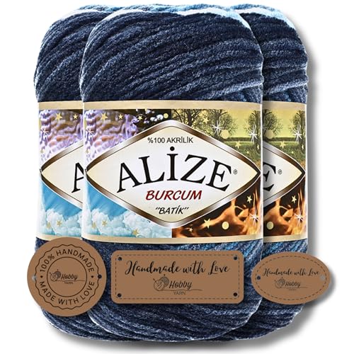 Hobby YARN 3x Etikettenlabel mit Alize Burcum Batik Wolle Premium 3x100g als Set, Yarn, Garn, Strickgarn, Farbverlauf, Babywolle zum Häkeln, Stricken, Kleidung, Schals (1899) von Hobby YARN