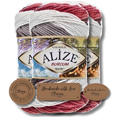 Hobby YARN 3x Etikettenlabel mit Alize Burcum Batik Wolle Premium 3x100g als Set | Yarn | Garn | Strickgarn Farbverlauf Babywolle zum Häkeln Stricken Kleidung Schals (1984) von Hobby YARN