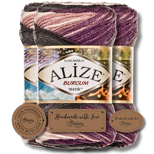 Hobby YARN 3x Etikettenlabel mit Alize Burcum Batik Wolle Premium 3x100g als Set | Yarn | Garn | Strickgarn Farbverlauf Babywolle zum Häkeln Stricken Kleidung Schals (1986) von Hobby YARN