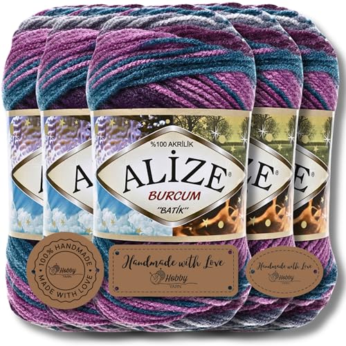 Hobby YARN 3x Etikettenlabel mit Alize Burcum Batik Wolle Premium 5x100g als Set | Yarn | Garn | Strickgarn Farbverlauf Babywolle zum Häkeln Stricken Kleidung Schals (3366) von Hobby YARN
