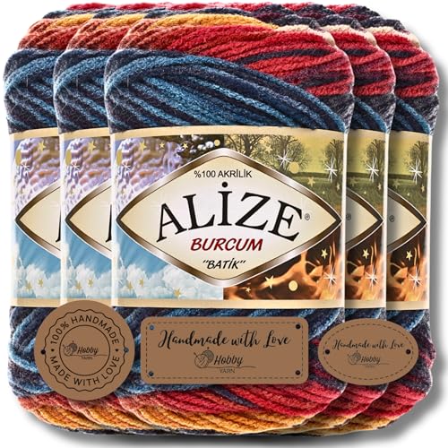 Hobby YARN 3x Etikettenlabel mit Alize Burcum Batik Wolle Premium 5x100g als Set | Yarn | Garn | Strickgarn Farbverlauf Babywolle zum Häkeln Stricken Kleidung Schals (4340) von Hobby YARN