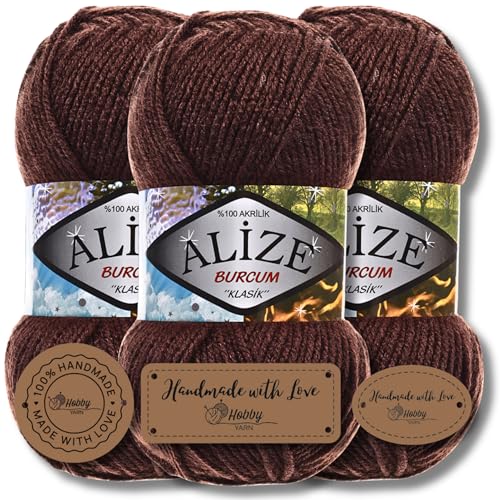 Hobby YARN 3x Etikettenlabel mit Alize Burcum Klasik Wolle Premium 3x100g als Set, Yarn, Garn, Strickgarn, Farbverlauf, Babywolle zum Häkeln, Stricken, Kleidung, Schals (Chocolate Brown - 493) von Hobby YARN