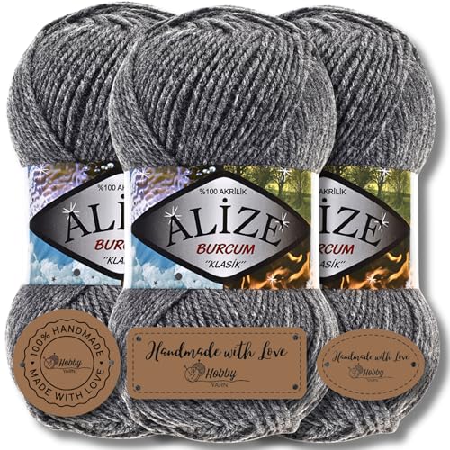 Hobby YARN 3x Etikettenlabel mit Alize Burcum Klasik Wolle Premium 3x100g als Set, Yarn, Garn, Strickgarn, Farbverlauf, Babywolle zum Häkeln, Stricken, Kleidung, Schals (Dark Grey Melange - 196) von Hobby YARN