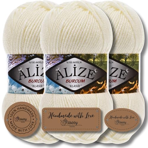 Hobby YARN 3x Etikettenlabel mit Alize Burcum Klasik Wolle Premium 3x100g als Set, Yarn, Garn, Strickgarn, Farbverlauf, Babywolle zum Häkeln, Stricken, Kleidung, Schals (Light Cream - 62) von Hobby YARN