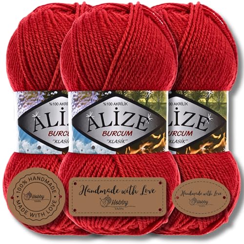 Hobby YARN 3x Etikettenlabel mit Alize Burcum Klasik Wolle Premium 3x100g als Set, Yarn, Garn, Strickgarn, Farbverlauf, Babywolle zum Häkeln, Stricken, Kleidung, Schals (Red - 106) von Hobby YARN