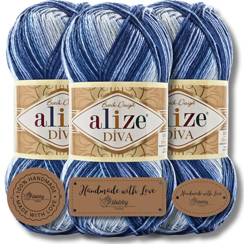Hobby YARN 3x Etikettenlabel mit Alize Diva Batik Wolle 3 x 100g als Set, Garn, Yarn, Strickgarn mit Farbverlauf, Baby, Akzente, Accessoire, zum Häkeln, Stricken, Kleidung (3282) von Hobby YARN