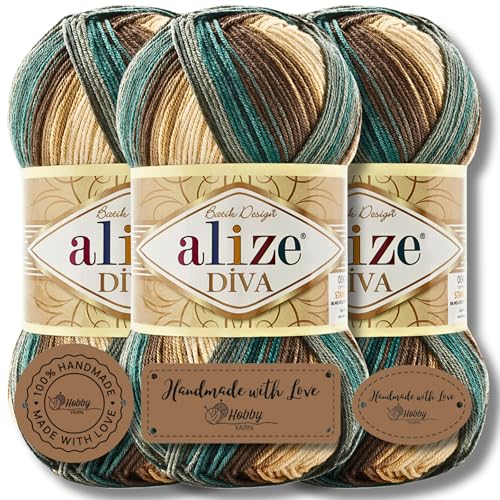 Hobby YARN 3x Etikettenlabel mit Alize Diva Batik Wolle 3 x 100g als Set, Garn, Yarn, Strickgarn mit Farbverlauf, Baby, Akzente, Accessoire, zum Häkeln, Stricken, Kleidung (3307) von Hobby YARN
