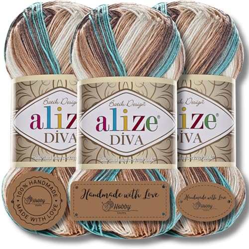Hobby YARN 3x Etikettenlabel mit Alize Diva Batik Wolle 3 x 100g als Set, Garn, Yarn, Strickgarn mit Farbverlauf, Baby, Akzente, Accessoire, zum Häkeln, Stricken, Kleidung (4603) von Hobby YARN