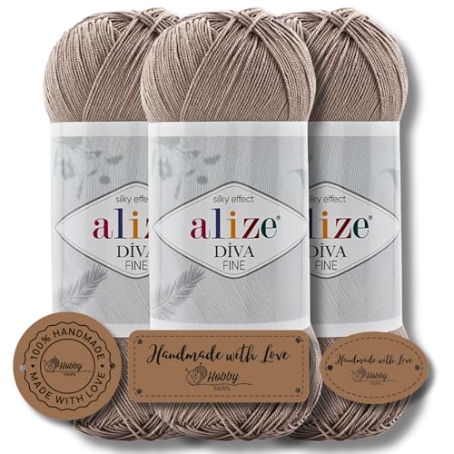 Hobby YARN 3x Etikettenlabel mit Alize Diva Fine Wolle 3 x 100g als Set, Garn, Yarn, Strickgarn, Einfarbig, Unifarben, Baby, Akzente, Accessoire, zum Häkeln, Stricken, Kleidung (167) von Hobby YARN