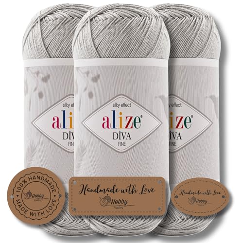 Hobby YARN 3x Etikettenlabel mit Alize Diva Fine Wolle 3 x 100g als Set, Garn, Yarn, Strickgarn, Einfarbig, Unifarben, Baby, Akzente, Accessoire, zum Häkeln, Stricken, Kleidung (168) von Hobby YARN