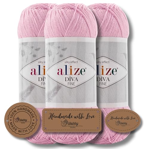 Hobby YARN 3x Etikettenlabel mit Alize Diva Fine Wolle 3 x 100g als Set, Garn, Yarn, Strickgarn, Einfarbig, Unifarben, Baby, Akzente, Accessoire, zum Häkeln, Stricken, Kleidung (185) von Hobby YARN