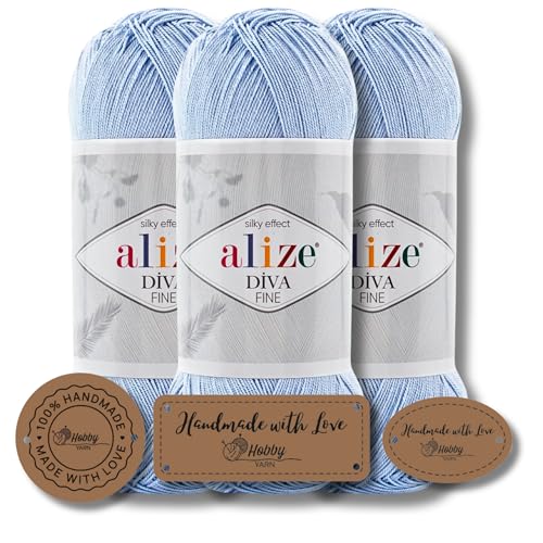 Hobby YARN 3x Etikettenlabel mit Alize Diva Fine Wolle 3 x 100g als Set, Garn, Yarn, Strickgarn, Einfarbig, Unifarben, Baby, Akzente, Accessoire, zum Häkeln, Stricken, Kleidung (350) von Hobby YARN