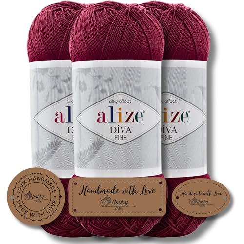 Hobby YARN 3x Etikettenlabel mit Alize Diva Fine Wolle 3 x 100g als Set, Garn, Yarn, Strickgarn, Einfarbig, Unifarben, Baby, Akzente, Accessoire, zum Häkeln, Stricken, Kleidung (57) von Hobby YARN