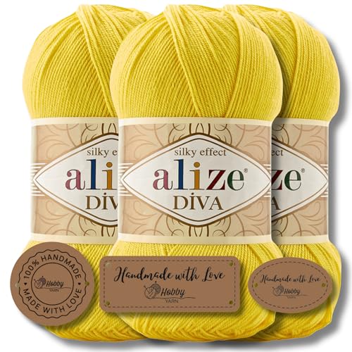 Hobby YARN 3x Etikettenlabel mit Alize Diva Wolle 3 x 100g als Set, Garn, Yarn, Strickgarn, Einfarbig, Unifarben, Baby, Akzente, Accessoire, zum Häkeln, Stricken, Kleidung (110) von Hobby YARN