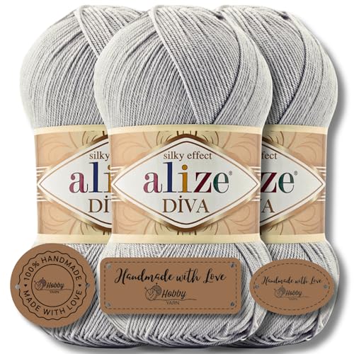 Hobby YARN 3x Etikettenlabel mit Alize Diva Wolle 3 x 100g als Set, Garn, Yarn, Strickgarn, Einfarbig, Unifarben, Baby, Akzente, Accessoire, zum Häkeln, Stricken, Kleidung (168) von Hobby YARN