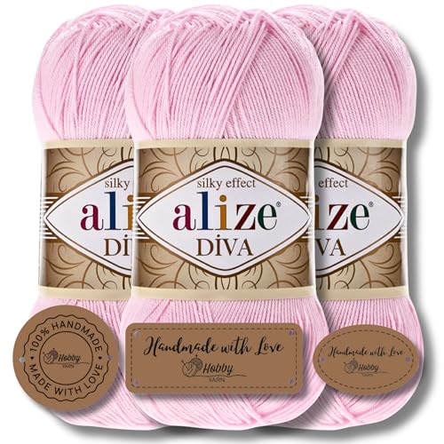 Hobby YARN 3x Etikettenlabel mit Alize Diva Wolle 3 x 100g als Set, Garn, Yarn, Strickgarn, Einfarbig, Unifarben, Baby, Akzente, Accessoire, zum Häkeln, Stricken, Kleidung (185) von Hobby YARN
