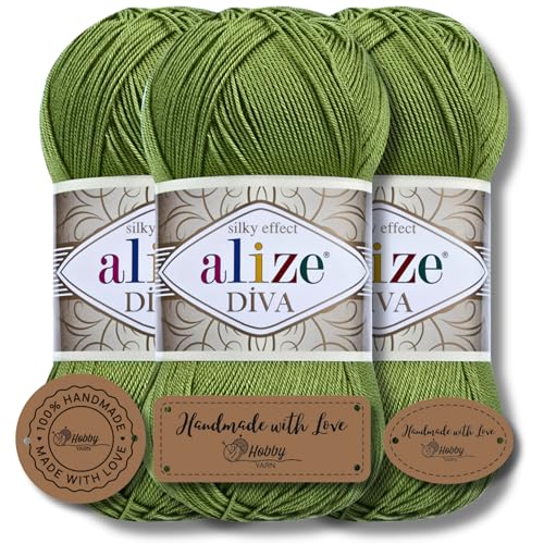 Hobby YARN 3x Etikettenlabel mit Alize Diva Wolle 3 x 100g als Set, Garn, Yarn, Strickgarn, Einfarbig, Unifarben, Baby, Akzente, Accessoire, zum Häkeln, Stricken, Kleidung (210) von Hobby YARN