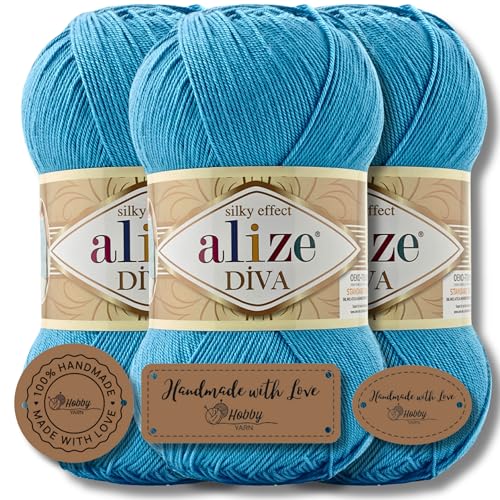 Hobby YARN 3x Etikettenlabel mit Alize Diva Wolle 3 x 100g als Set, Garn, Yarn, Strickgarn, Einfarbig, Unifarben, Baby, Akzente, Accessoire, zum Häkeln, Stricken, Kleidung (245) von Hobby YARN