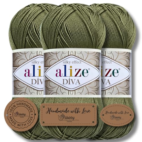 Hobby YARN 3x Etikettenlabel mit Alize Diva Wolle 3 x 100g als Set, Garn, Yarn, Strickgarn, Einfarbig, Unifarben, Baby, Akzente, Accessoire, zum Häkeln, Stricken, Kleidung (273) von Hobby YARN