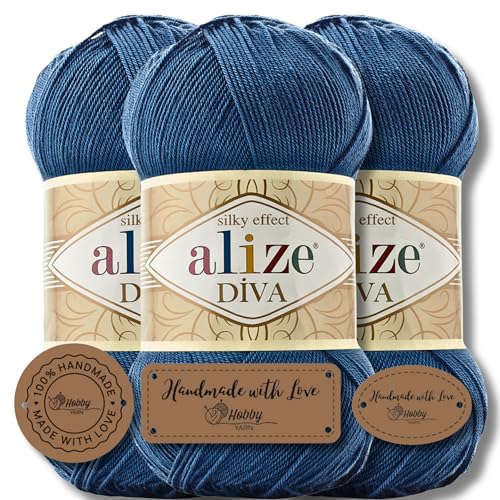 Hobby YARN 3x Etikettenlabel mit Alize Diva Wolle 3 x 100g als Set, Garn, Yarn, Strickgarn, Einfarbig, Unifarben, Baby, Akzente, Accessoire, zum Häkeln, Stricken, Kleidung (279) von Hobby YARN