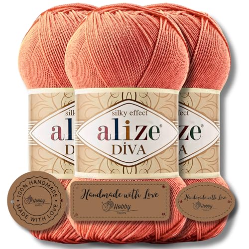 Hobby YARN 3x Etikettenlabel mit Alize Diva Wolle 3 x 100g als Set, Garn, Yarn, Strickgarn, Einfarbig, Unifarben, Baby, Akzente, Accessoire, zum Häkeln, Stricken, Kleidung (34) von Hobby YARN