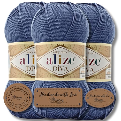 Hobby YARN 3x Etikettenlabel mit Alize Diva Wolle 3 x 100g als Set, Garn, Yarn, Strickgarn, Einfarbig, Unifarben, Baby, Akzente, Accessoire, zum Häkeln, Stricken, Kleidung (353) von Hobby YARN