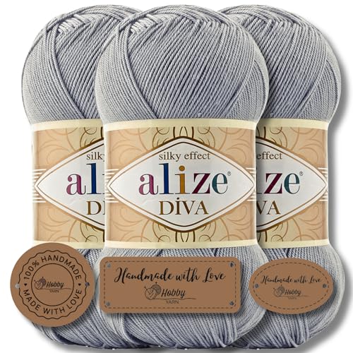 Hobby YARN 3x Etikettenlabel mit Alize Diva Wolle 3 x 100g als Set, Garn, Yarn, Strickgarn, Einfarbig, Unifarben, Baby, Akzente, Accessoire, zum Häkeln, Stricken, Kleidung (355) von Hobby YARN